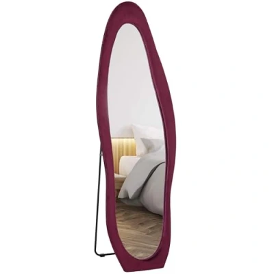 Image of HOMCOM Arched Full Length Mirror, Irregular Wavy 160 x 50cm Free Standing/Leaner/Wall Mirror with Velvet Frame for Living Room, Bedroom, Wine Red