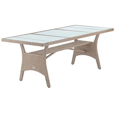 Image of CASARIA® XL Polyrattan and Glass Garden Table With Shelf 190x90x74cm Safety Top Plates Adjustable Levelling Feet Weatherproof Patio Dining Furniture Cream