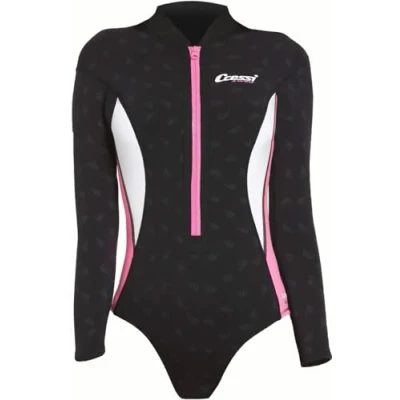 Image of Cressi Women&#039;s Termico Lady 2mm One Piece Swimsuit Long Sleeves Woman in High Stretch Neoprene, Black/Pink/White, XL