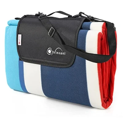 Image of Vinsani 220 x 200cm Folding Picnic Blanket Waterproof &amp; Sandproof Backing Ideal for Camping Outdoor Aqua Stripe Rug Mat with Carry Handle