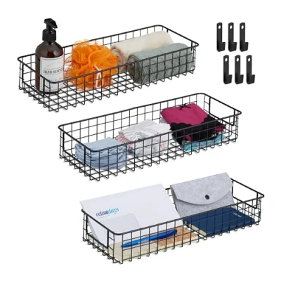 Image of Relaxdays Wire Basket Set of 3, Black, 7.5 x 41 16 cm