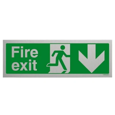 Image of V Safety Fire Exit Arrow Down Sign 300mm x 100mm 3mm Brushed Alu Comp