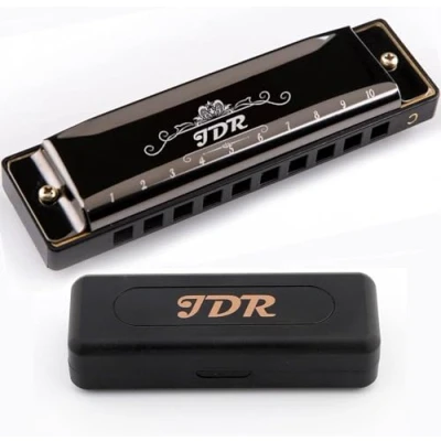 Image of JDR Harmonica Blues C Key 10 Hole 20 Tone Mouth Organ with Case Diatonic Armonica for Professional Player Beginner Students Adults Friends Teacher Parents Stainless Steel Black