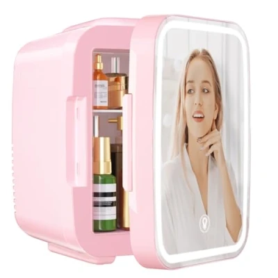 Image of YASHE Mini Fridge for Bedroom, Skincare with LED Light Mirror, 4L Small Portable,220V AC/ 12V DC Thermoelectric Warmer &amp; Cooler Car Office Dorm (Pink)