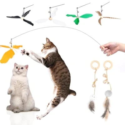 Image of Nobleza Cat Feather Toys 8PCS for Indoor Cats Adult Kitten, Interactive Toy Teaser Wand Kitten Toys, Fishing Rod with 5 Refills 2PCS Ring Bell