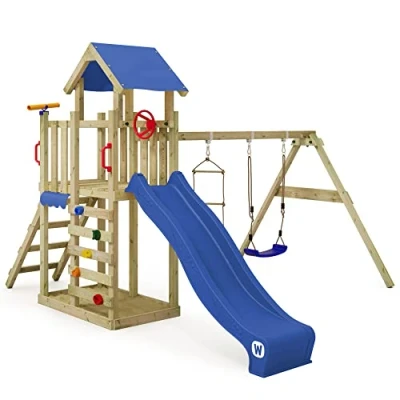 Image of Wickey Play Tower Climbing Frame MultiFlyer Light, Swing &amp; Blue Slide, Outdoor Children&#039;s with Sandpit, Ladder Accessories for the Garden