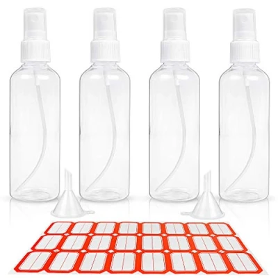 Image of HTHL 4 PCS Set 100ML Spray Bottles Plastic Transparent Mist with 2 Funnels and 1 Sheet Label Empty Travel Atomiser Refillable Liquid Containers for Perfume Cosmetic Liquids