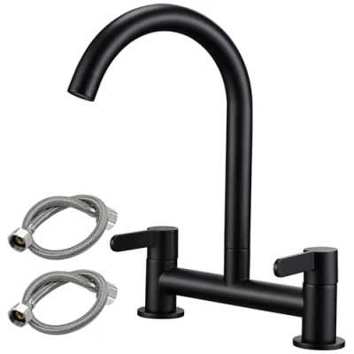 Image of Peppermint Matt Black Kitchen Sink Mixer Taps 2 Hole Dual Lever Tap 180MM Centers Deck Mounted Bridge Brass Traditional Faucet 360 Swivel Spout