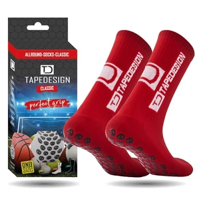 Image of Tapedesign &quot;Classic 1 Pair Non Slip Football Grip Socks Red (Size 5 14) for Men, Women &amp; Kids Soccer Adults Youth (Unisex) Anti Sport Basketball, Tennis Running