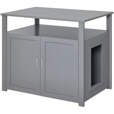 Image of PawHut Wooden Cat Litter Box Enclosure Furniture with Adjustable Interior Wall &amp; Large Tabletop for Nightstand, Grey