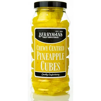 Image of Original Chewy Centred Pineapple Cubes Cola Retro Sweets Gift Jar by Berrymans Sweet Shop Classic Sweets, Traditional Taste.