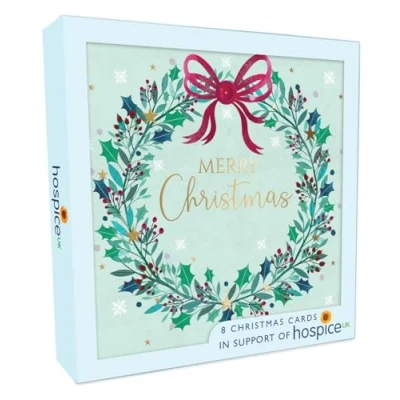 Image of Box of 8 Merry Christmas Festive Wreath Hospice UK Charity Cards XSA006