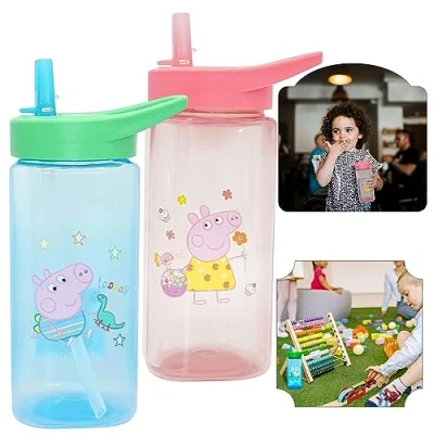 Image of 2Pk Water Bottles with Straw, 420ml Plastic Bottle Square Drink Pink and Blue BPA Free Straw Sipper for Kids 6+ Months (Peppa George Pig)