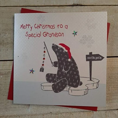 Image of White cotton cards X23 Merry Christmas To A Special Grandson Handmade Card with Polar Bear Design,