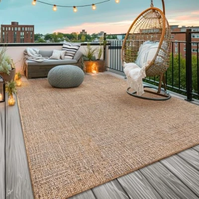 Image of TT Home Large Outdoor Rug Patio Kitchen For Garden Boho Abstract Uni Washable, colour:Beige Brown, Size:160x220 cm