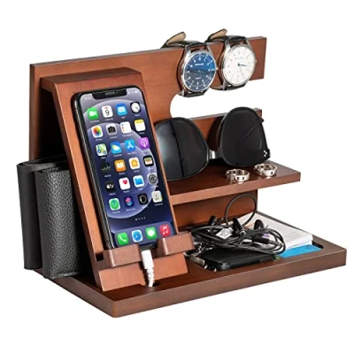 Image of Birthday Gifts for Men Valentines Wood Phone Docking Station Bedside Table Organiser Dad Mens Husband Him Day Presents