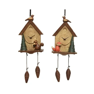 Image of Alpine Cuckoo Clock with Woodland Creatures Large Resin Christmas Tree Decoration/Baubles Set of 2 25cm