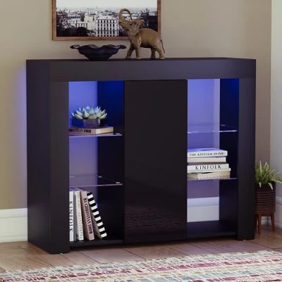 Image of Vida Designs Large Azura 1 Door Modern LED Sideboard in Black, RGB Lights (Fade/Strobe Options Included), High Gloss