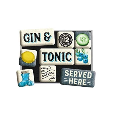 Image of Nostalgic Art Retro Style Fridge Magnets Open Bar Gin &amp; Tonic Gift idea for Cocktail Fans, Set Notice Board, Colourful, 9 Pieces