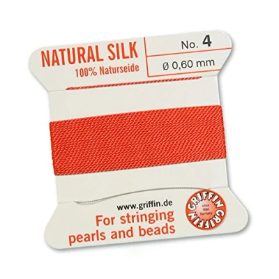 Image of Griffin Since 1866 Germany 100% Natural Silk Cord Thread Coral 0.60mm, 2m with Needle