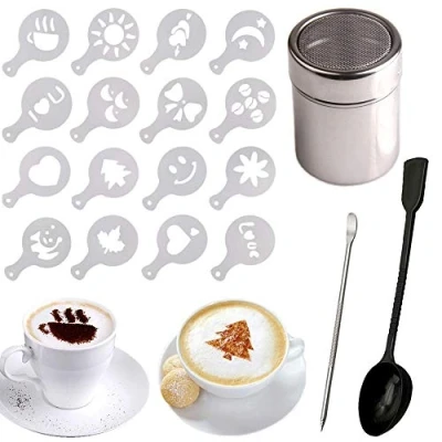 Image of Stainless Steel Chocolate Shaker Duster + 16 Cappuccino Coffee Barista Stencils Measuring Spoon Art Pen