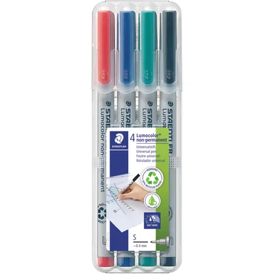Image of STAEDTLER 311 WP4 Lumocolor Non Permanent Pen, Superfine Line Width, 0.4mm Assorted Colours (Pack of 4)