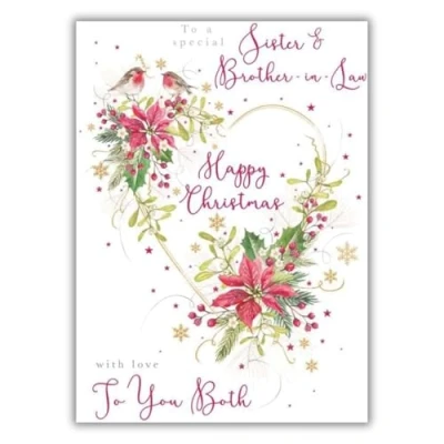 Image of Noel Tatt Artistic Christmas Greeting Card Sister and Brother In Law Robin Couple Floral Heart Wreath Stunning Illustration