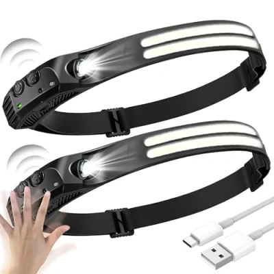 Image of rynli Head Torch Rechargeable, 2 Pack Super Bright Headtorch with Motion Sensor, 230 Wide Angle Headlight, 6 Lighting Modes, Waterproof LED Headlamp Flashlight, Ideal for Hiking, Running, Camping