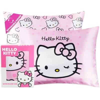 Image of Hello Kitty Satin Pillowcase for Hair Skin Benefits Girls Teens Women Kawaii 48 x 66cm Cooling Soft Zip Closure Bedroom Decor, Beauty Gifts Her