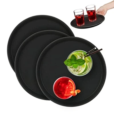 Image of Relaxdays Set of 3 Serving Tray, Round Ø 28 cm, Bar Drinks Plate, Non Slip Surface, Waiter&#039;s Catering, Versatile, Black, Plastic, Rubber