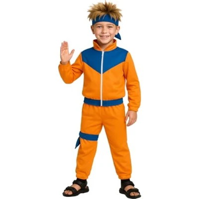 Image of FIESTAS GUIRCA Manga Ninja Boy Fancy Dress Costume Japanese Warrior Outfit with Orange and Blue Karate Fighter Suit for Children 10 12 Years