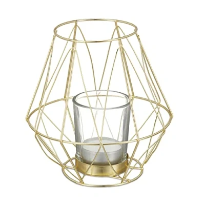 Image of Relaxdays Tealight Holder, Geometric Design, with Votive Candle Glass, Metal, H x Diam. 14 cm, Gold, 70% Iron 30%