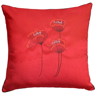 Image of Poppies Red &amp; Black Piped Faux Silk 18&quot; Cushion Cover