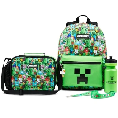 Image of Minecraft Backpack Set 5 Pcs Water Bottle Insulated Lunch Bag Pencil Case Drawstring or Lanyard Keyring School Supplies (Green AOP)