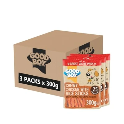 Image of Good Boy Chicken &amp; Rice Sticks Low Fat Natural Dog Treats Rawhide Free Recipe Bulk Box 3 x 300g