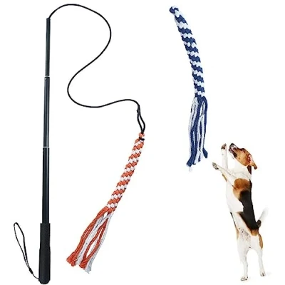 Image of ASOCEA Flirt Pole for Dogs，Extendable Teaser Wand Pet Stick Outdoor Interactive Toy with 2 Chasing Tail Chewing Cotton Rope Small Medium Large Dogs Training Pulling