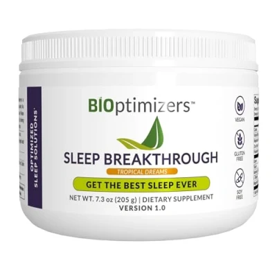 Image of BiOptimizers Sleep Breakthrough 1.0 Natural Powder Support Supplement, Calming Relief Aid Adults, Non Habit Forming Tropical Dreams Flavour 205g