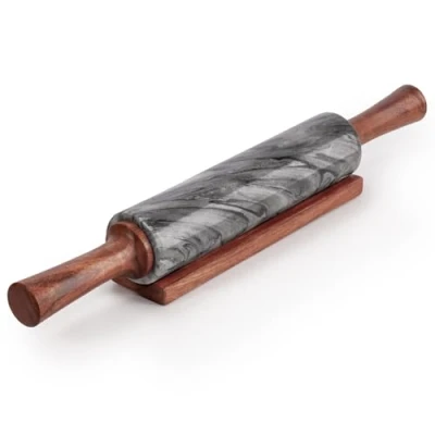 Image of EHC Marble Rolling Pin for Baking with Acacia Wood Stand, Non Stick Surface Pizza Dough, Naan Bread and Pastry, Durable Kitchen Accessory, Perfect Bakers &amp; Chefs Tool Grey