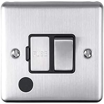Image of Enhance Decorative Switched Fuse Spur With Flex Outlet Satin Stainless Finish Black Trim
