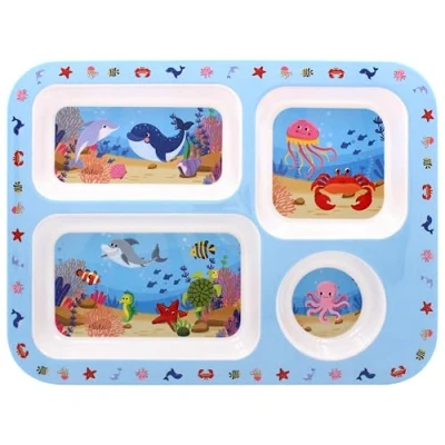 Image of Kids Divided Plate Blue Sea Life Toddler Boys Girls Children Tableware Food Safe