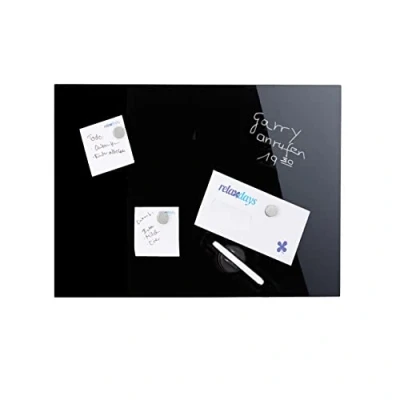 Image of Relaxdays Glass Magnetic Dry Erase Memo Board, Writable, 3 Magnets, Safety Magnet Board 60 x 40 cm, Black