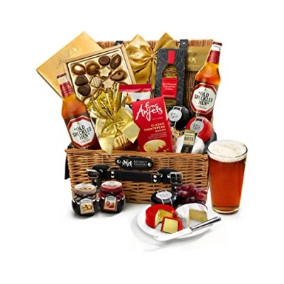 Image of Real Ale Hamper Eton Premium Craft Gift Set with Wicker Picnic Basket Mature Cheddar, Organic Brie, Shortbread, Luxury Chocolates Hampers for Men, Gifts Dad, from Regency