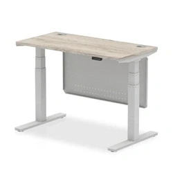 Image of Air 1200x600 Height Adjustable Desk Grey Oak CP Silver Leg Modesty Pnl