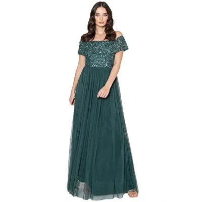 Image of Maya Deluxe Women&#039;s Ladies Bardot Dress Maxi Embellished Hight Empire Waist Sleeveless Tulle for Wedding Guest Prom Graduation Bridesmaid, Emerald Green, 14