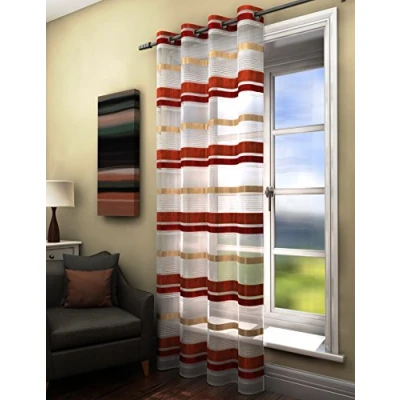 Image of HOME EXPRESSIONS plain striped voile curtain panel orange rust stripes white net eyelet 55&quot; x 72&quot; Drop (140cm 183cm) Approx ring top elegant door