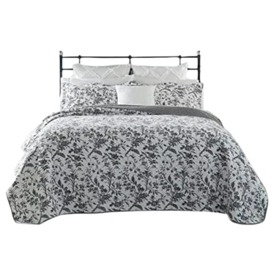 Image of Laura Ashley Cotton Reversible Bedding with Matching Shams, Floral Home Decor for All Seasons, Amberley Black/White, Twin Quilt