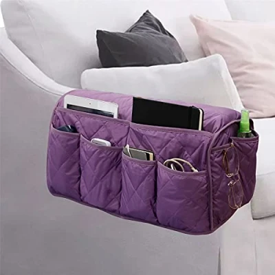 Image of Lyirfan Sofa Armrest Organizer Non Slip Storage Caddy Remote Control Holder with 14 Pockets,for Cell Phone,TVRemote Control,Magazines, Glasses,iPad (Purple)
