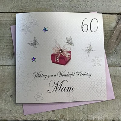 Image of white cotton cards Wishing You a Wonderful Mam, Handmade 60th Birthday Card (Red Present)