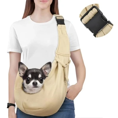 Image of Pawaboo Dog Carrier Sling, Hand Free Papoose Carriers with Adjustable Strap Buckle, Puppy Pouch Safety Leash for Puppies&amp;Cats, Wider Shoulder Pet Sling (Up to 12lbs, Khaki)
