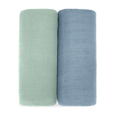 Image of Comfy Cubs 2 Pack Muslin Baby Blanket for Newborn, Swaddle Blanket, Neutral Receiving Boys and Girls (Pacific Blue &amp; Fern)